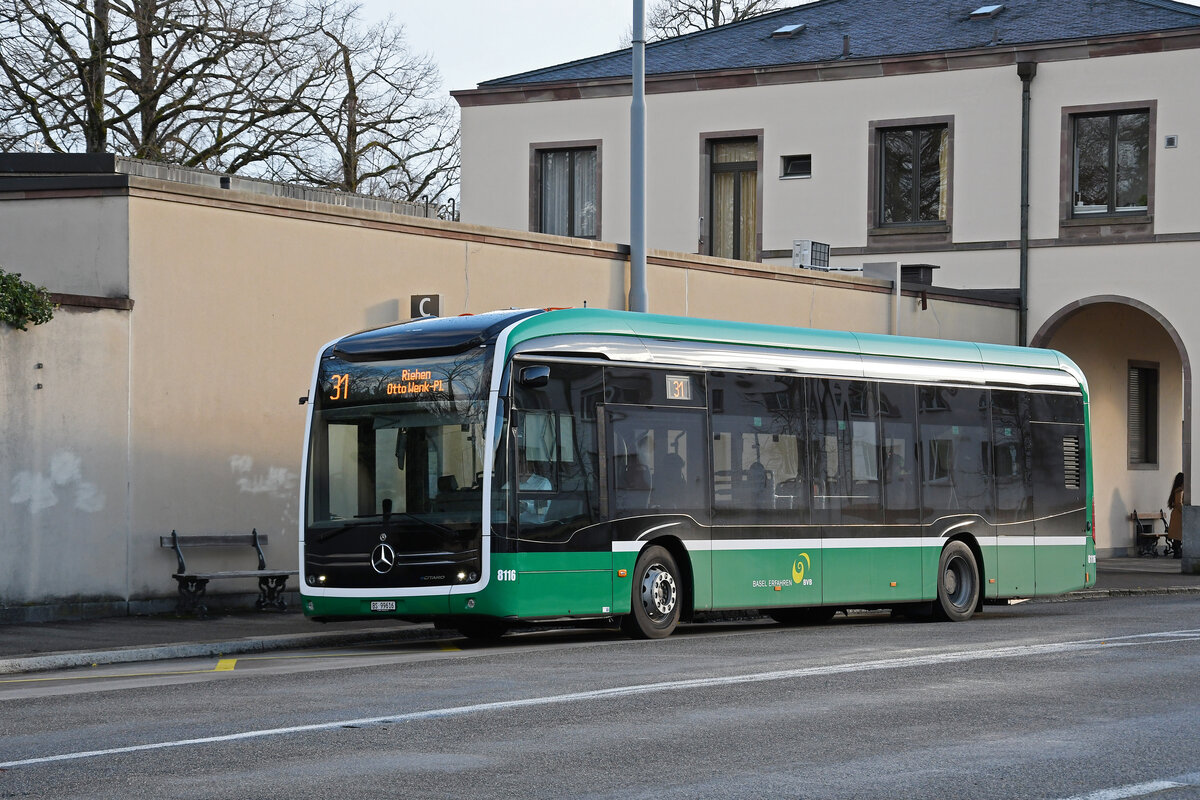 Mercedes eCitaro 8116, auf der Linie 31, bedient am 15.01.2023 die Haltestelle Friedhof am Hörnli.