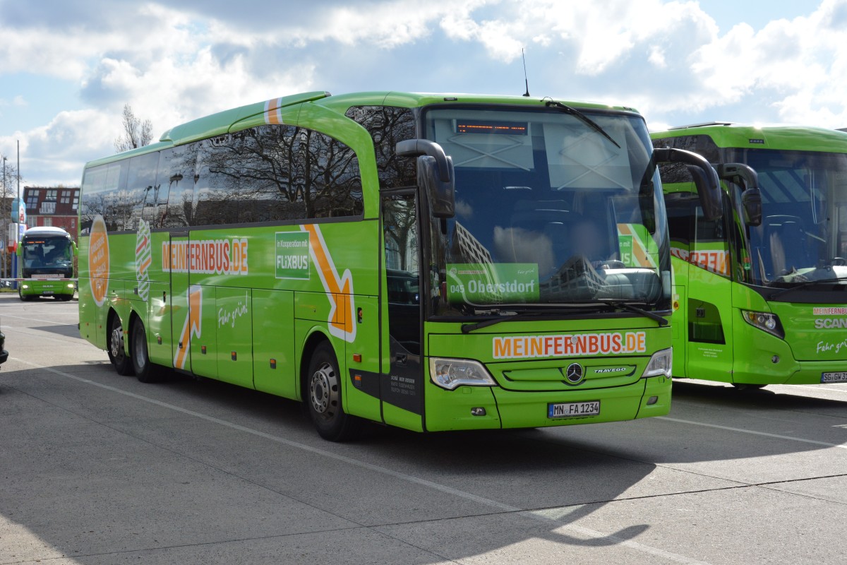 MN-FA 1234 (Mercedes Benz Travego / Mein Fernbus) wird am 06.04.2015 für die Fahrt nach Oberstdorf bereitgestellt.
