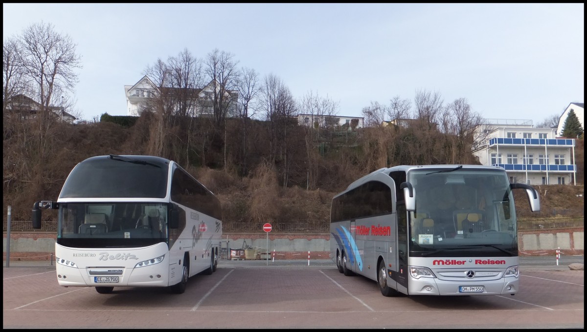 Neoplan Cityliner von Reisebro Belitz aus Deutschland und Mercedes Travego von Mller Reisen aus Deutschland im Stadthafen Sassnitz am 14.03.2014