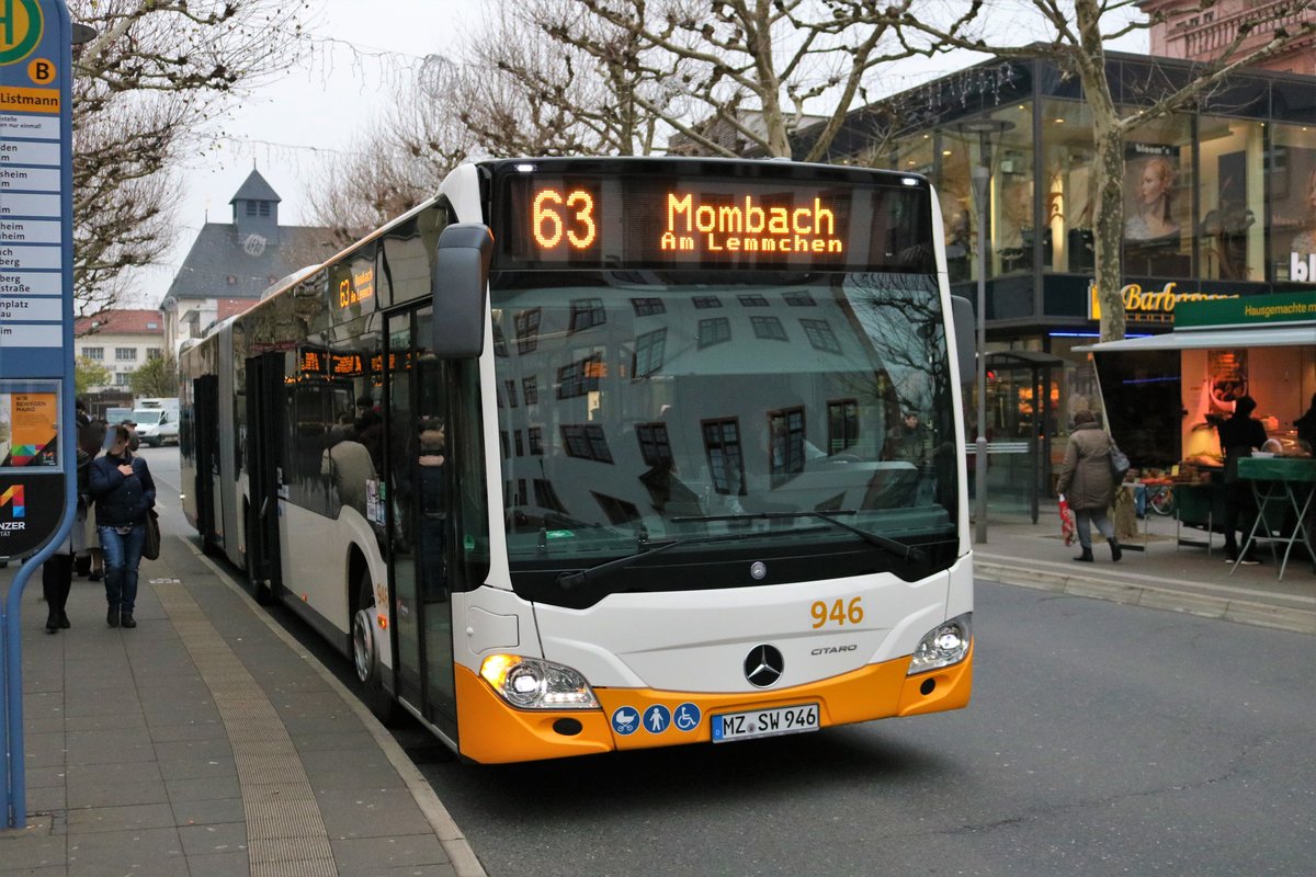 Neuer MVG Mercedes Benz Citaro 2 G Wagen 946 am 28.12.18 in Mainz Höfchen