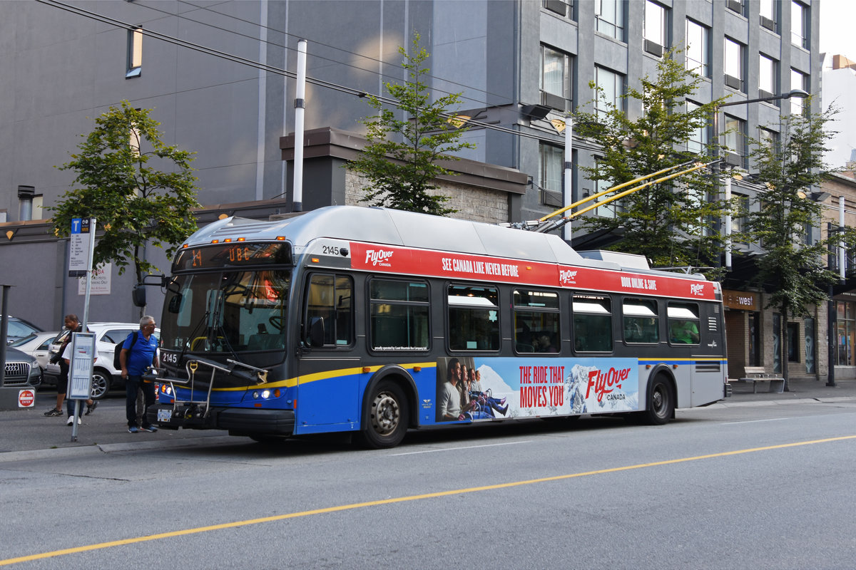 New Flyer Trolleybus E40LFR 2145, auf der Linie 14, unterwegs in Vancouver. Die Aufnahme stammt vom 04.08.2019.