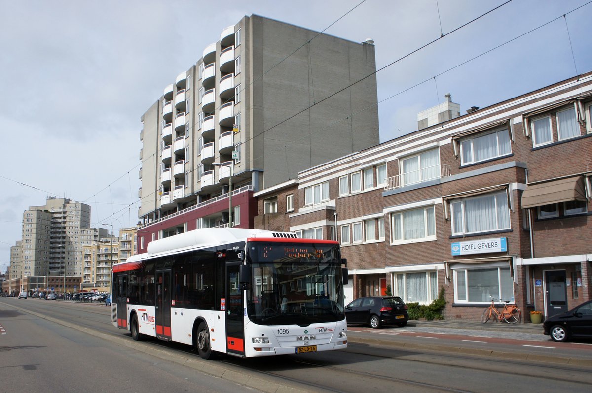 Niederlande / Stadtbus Den Haag: MAN Lion's City CNG (Wagennummer 1095) von HTM Personenvervoer N.V., aufgenommen im April 2016 im Stadtteil Scheveningen in Den Haag.
