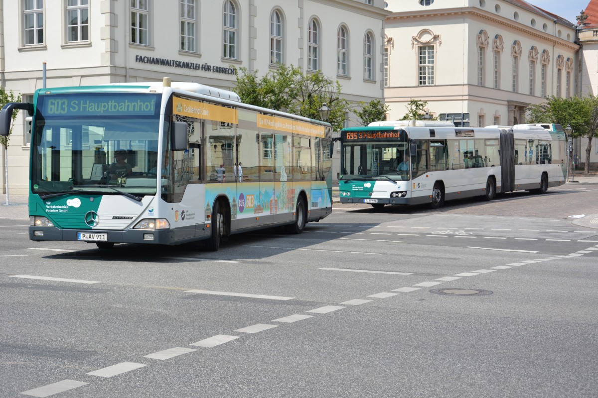 P-AV 911 (Linie 603) + P-AV 970 (Linie 695) unterwegs am Potsdamer Lustgarten. Aufgenommen am 05.07.2014.