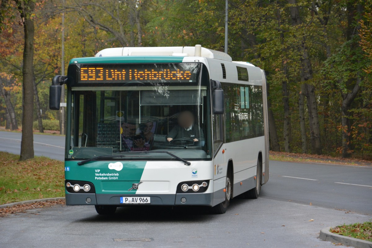 P-AV 966 kommt am 20.10.2014 aus Richtung Küsselstraße und endet nun am Bahnhof Rehbrücke. Aufgenommen wurde ein Volvo 7700.
