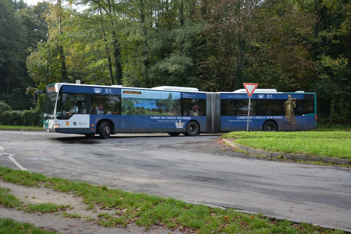 P-AV 982 erreicht am 18.10.2014 seine Endhaltestelle Potsdam Neues Palais. Jetzt kurz Pause dann geht es zum Hauptbahnhof Potsdam und es ist Feierabend. Aufgenommen wurde Mercedes Benz O530.
