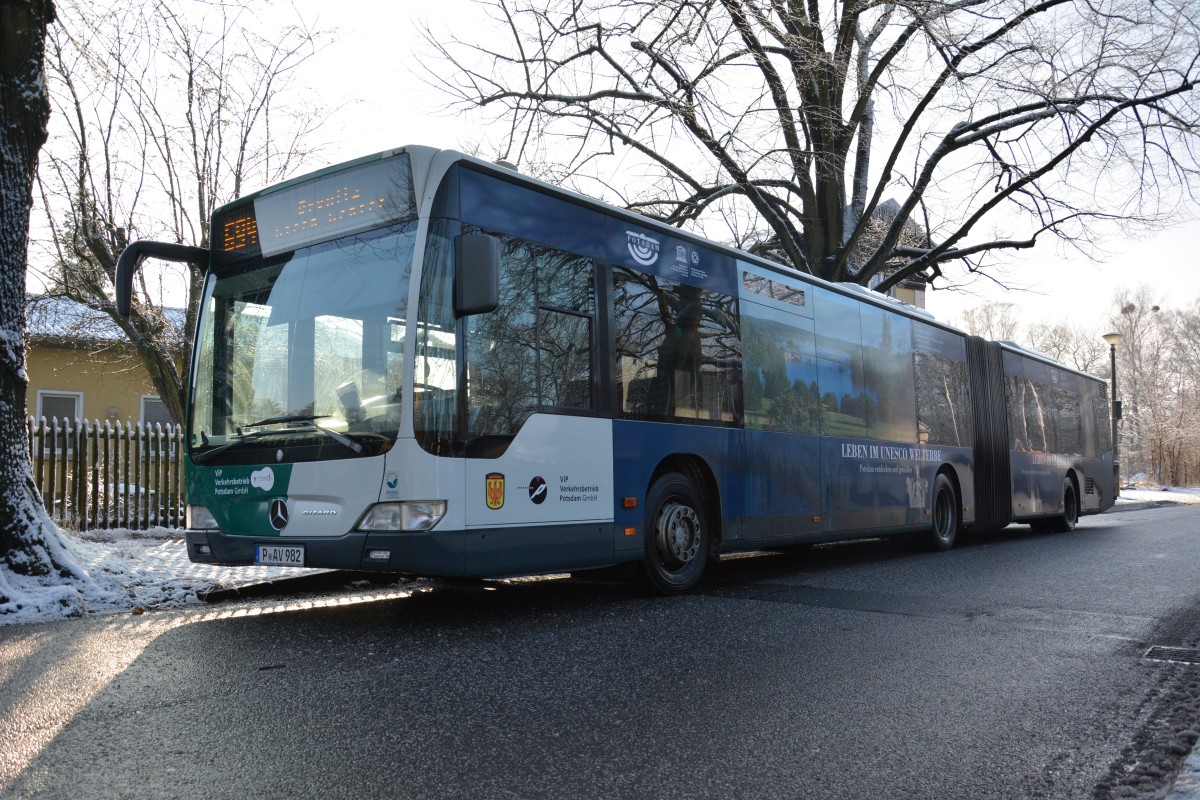 P-AV 982 steht am 31.01.2015 an der Küsselstraße auf Hermannswerder. Aufgenommen wurde ein Mercedes Benz Citaro Facelift Gelenkbus.
