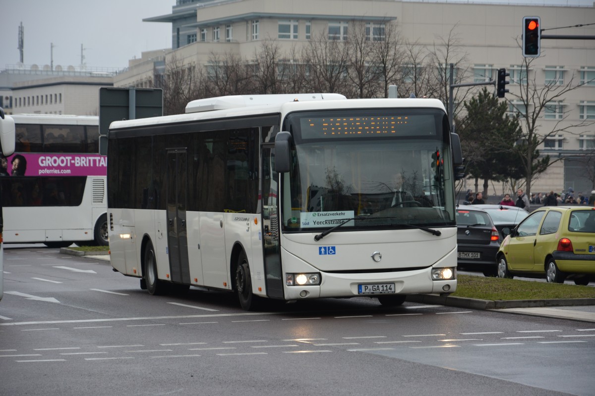P-GA 114 fährt am 14.03.2015 für die S-Bahn Berlin SEV. Aufgenommen wurde ein Irisbus Crossway / Berlin Ebertstraße.

