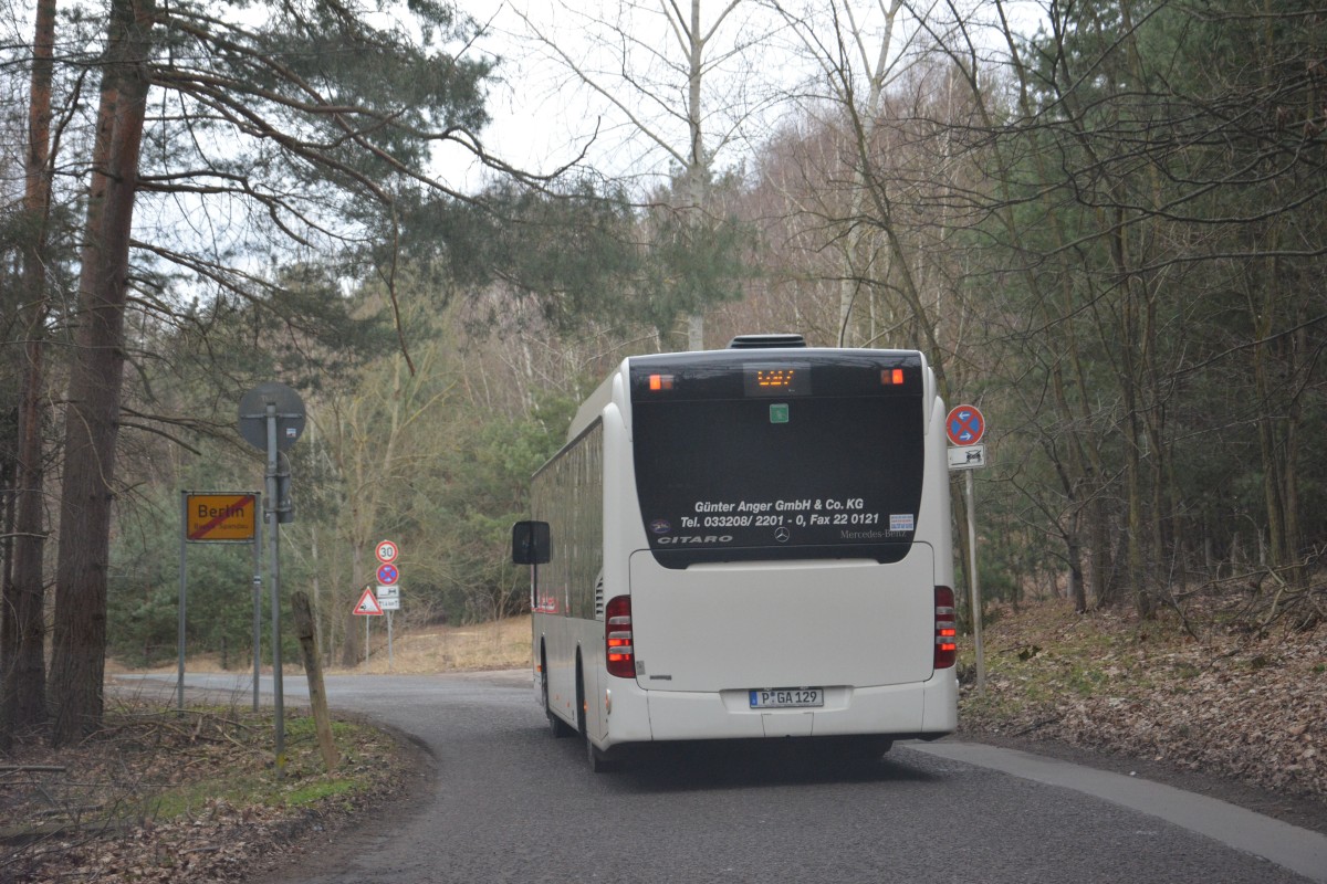 P-GA 129 unterwegs auf der Linie 697 an der alten Grenze zwischen Berlin Spandau und Potsdam bzw. damals nur Sacrow. Aufgenommen am 15.02.2014. 