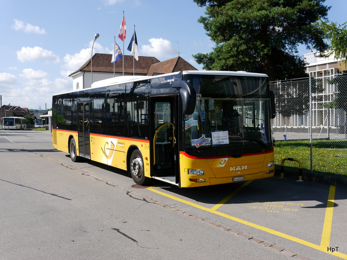 Postauto / EUROBUS - MAN Lion`s City  BE  649002 in Kerzers als Bahnersatz für die BLS Zwischen Kerzers und Bern Brünnen am 15.07.2017