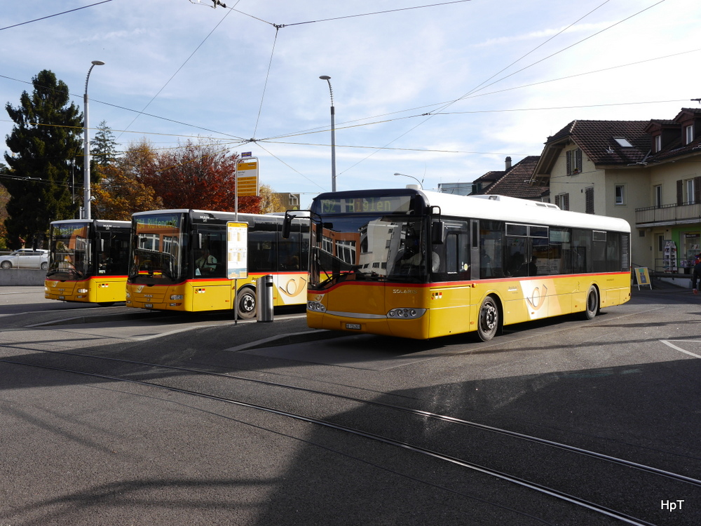 Postauto - Kleine Postautoparade mit 2 MAN und 1 Solaris in Worb am 22.11.2014