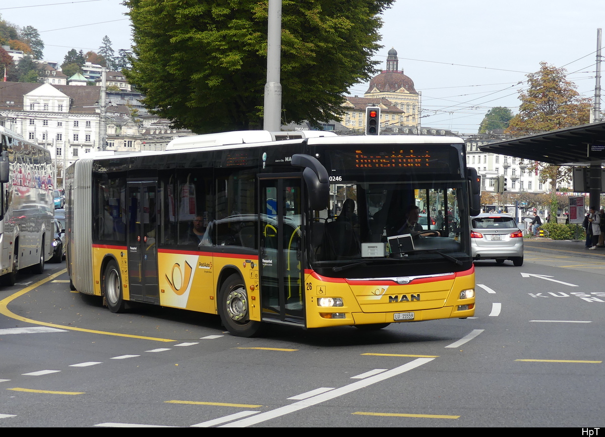 Postauto - MAN Lion`s City  LU  15559 unterwegs in der Stadt Luzern am 23.10.2022