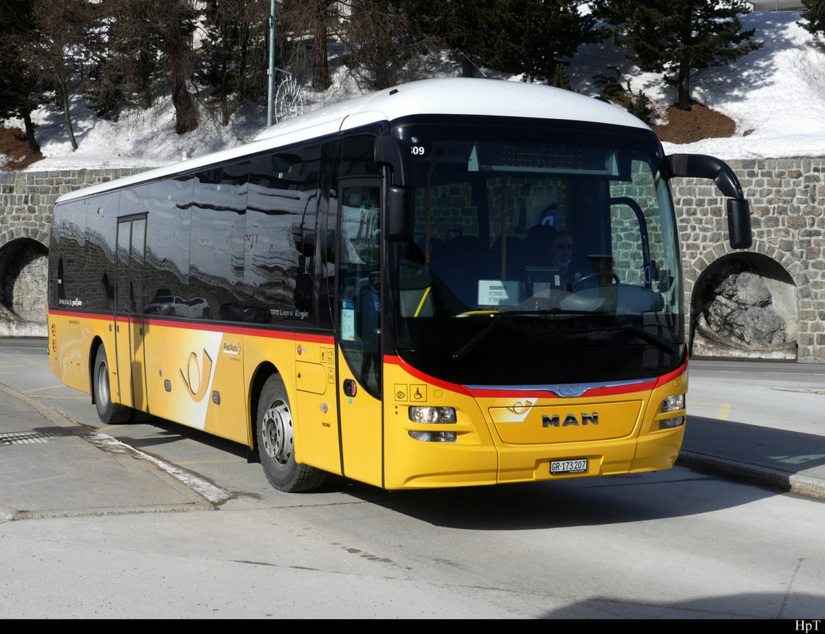 Postauto - MAN Lion`s Regio  GR  173207 in St. Moritz am 19.02.2021