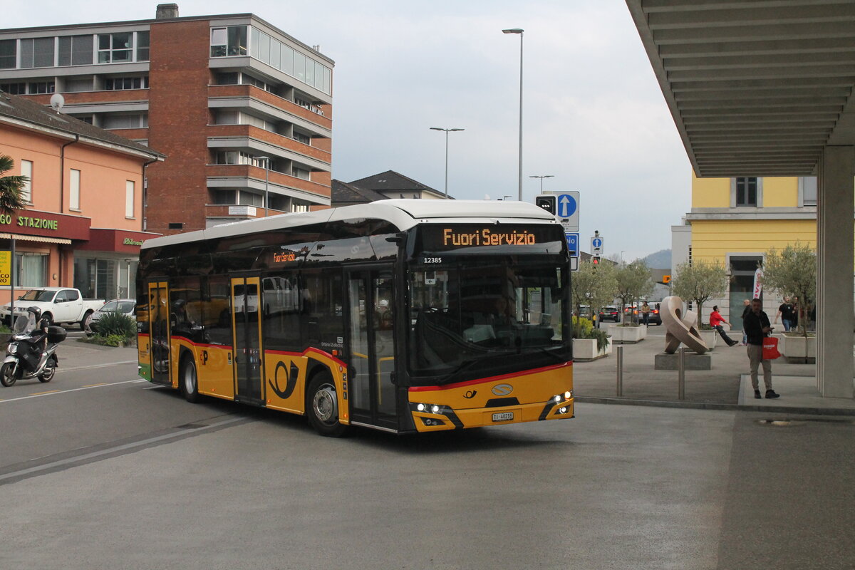 Postauto/PU Autopostale del Mendrisiotto SA TI 40218/PAG-ID: 12385 (Solaris New Urbino 12 electric) am 25.3.2026 beim Bhf. Mendrisio