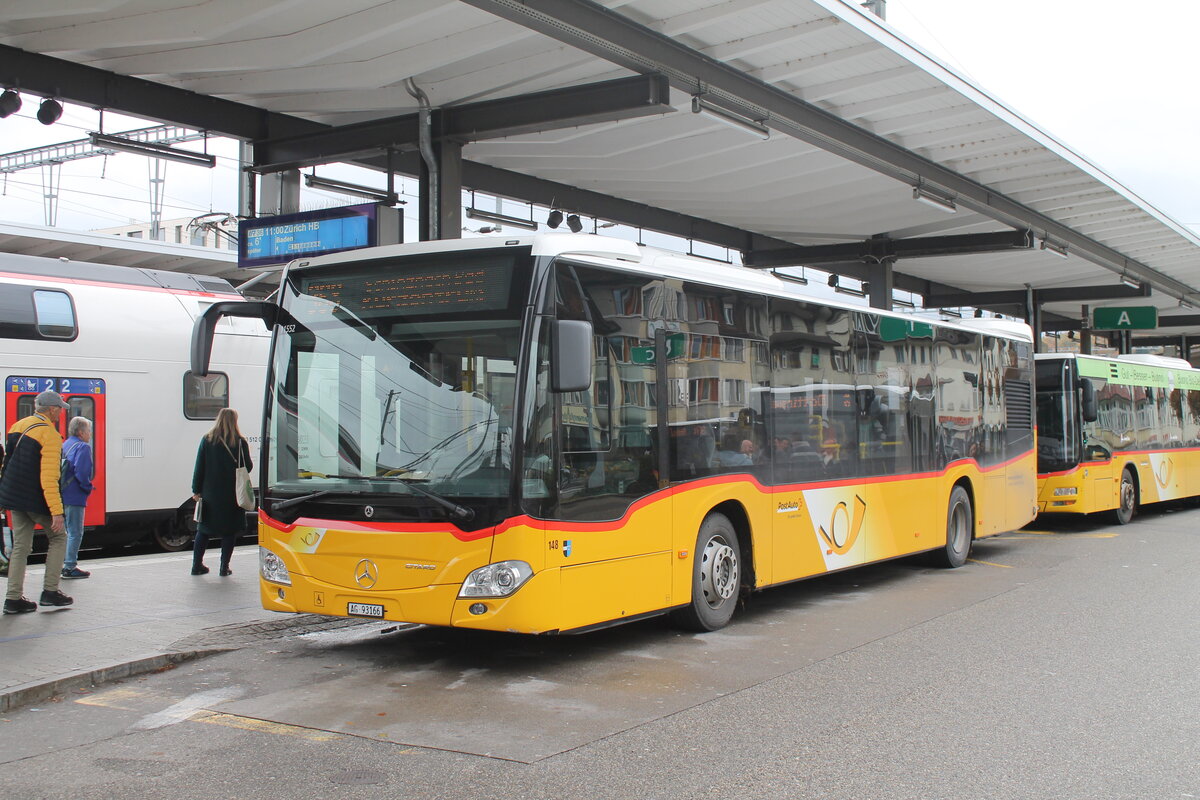 Postauto/PU Vögtlin-Meyer Nr. 148/AG 93166/PAG-ID: 11552 (Mercedes Citaro C2 O530 Hybrid) am 3.11.2023 beim Bhf. Brugg