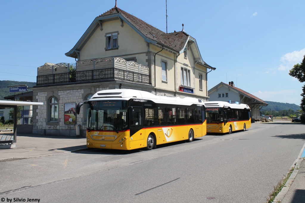 Postauto/Regie ZH-Unterland Nr. 307 + 306 (Volvo 7900 Hybrid) am 30.7.2016 beim Bhf. Embrach-Rorbas. Seit Juni 2015 werden bei der Regie Zürcher Unterland ab dem Standort Embrach zwei Hybridbusse eingesetzt.