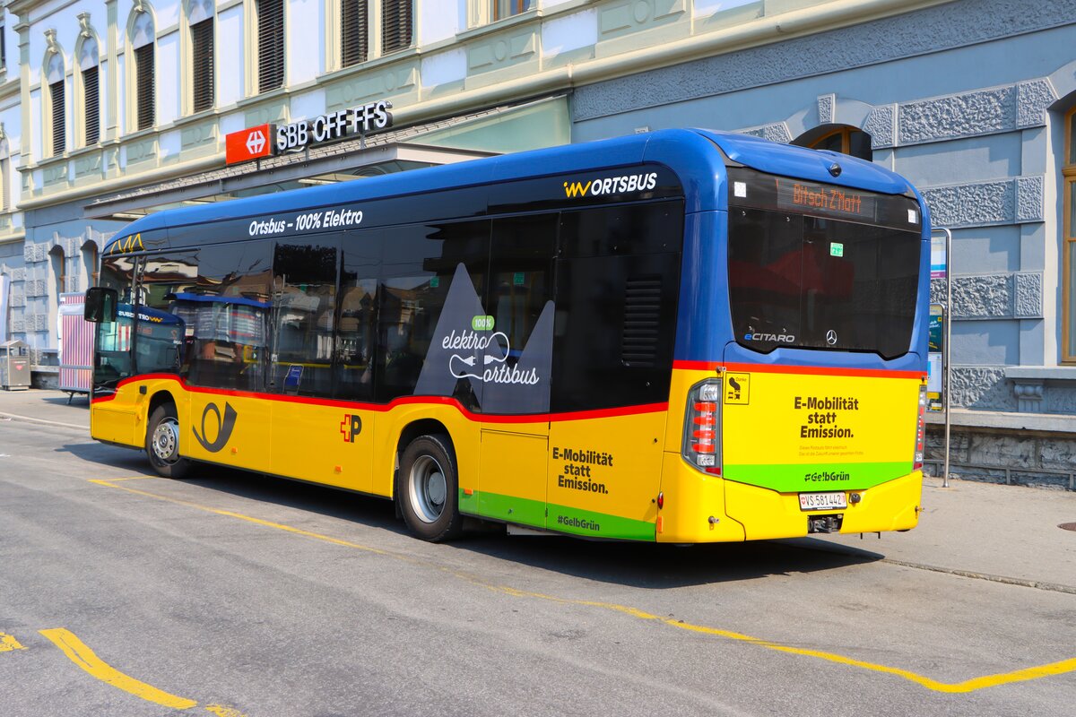 Postbus Stadtbus Brig Mercedes Benz eCitaro am 10.07.26 in Birg Bahnhof 