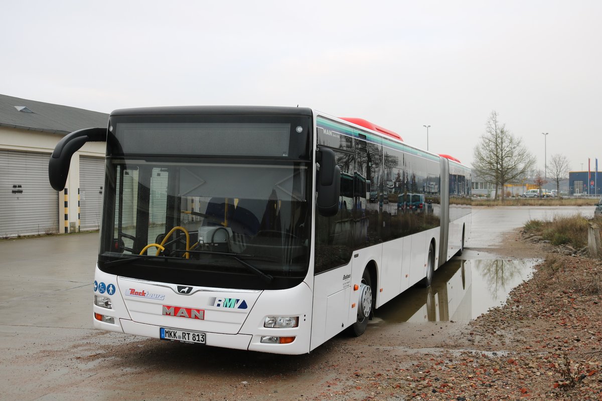 RackTours MAN Lions City G am 31.12.18 in Erlensee auf dem ehemaligen Fliegerhorst der US Army. Dort stehen viel Busse von RackTours und BRHVias Bus. Ich durfte durch Nachfrage eines Mitarbeiters Fotos machen 