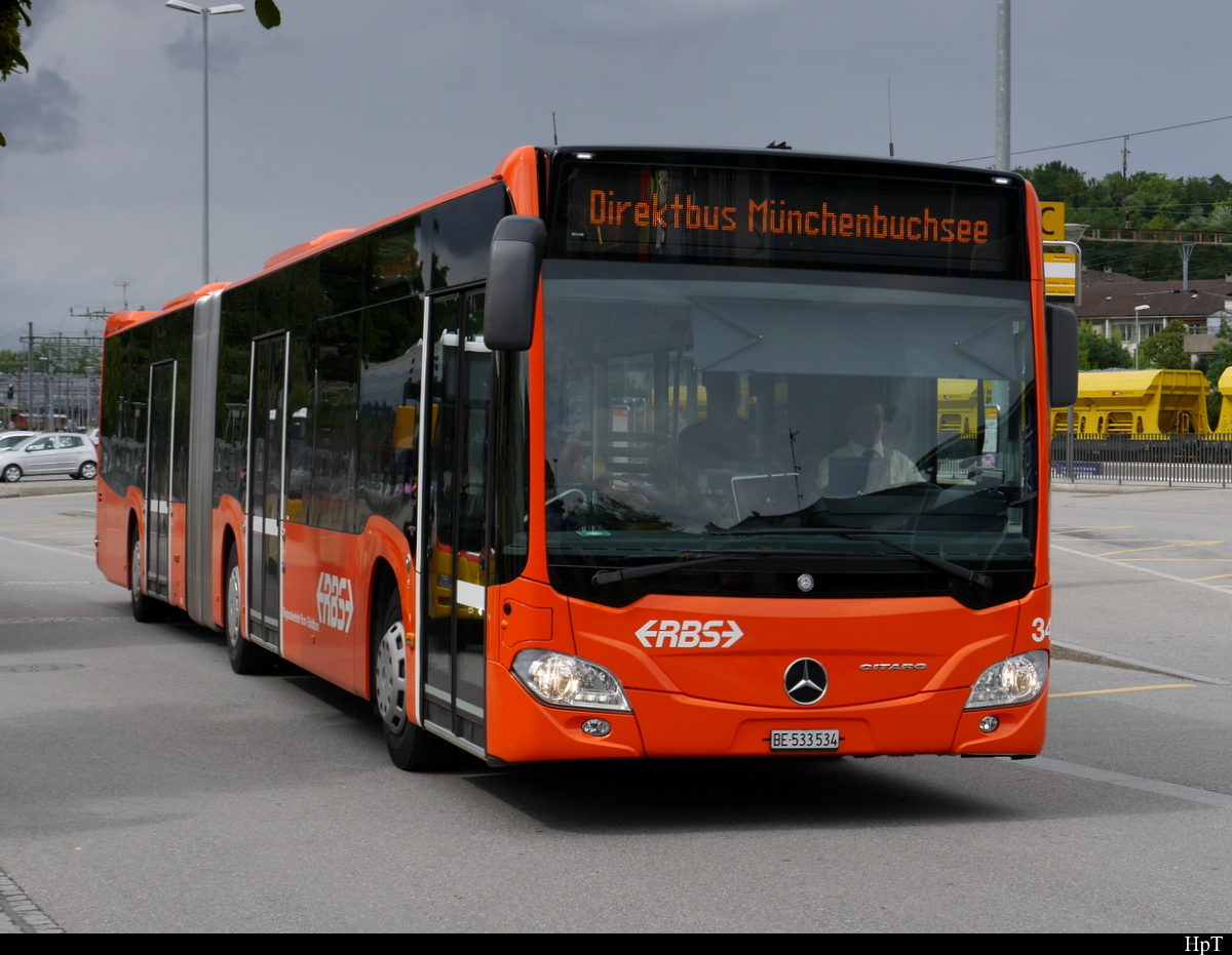 RBS - Mercedes Citaro  Nr.34  BE 533534 unterwegs als Bahnersatz für die SBB + BLS auf der Linie Lyss nach Münchenbuchsee Hier bei der Provisorischen Haltestelle in Lyss am 21.07.2018 