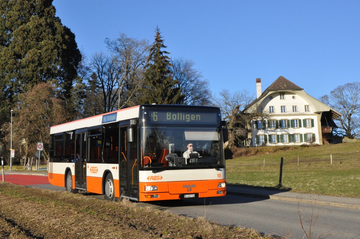 RBS, Worblaufen Nr. 18/BE 465'718 MAN am 12. Februar 2014 auf der Linie 46 bei Habstetten.