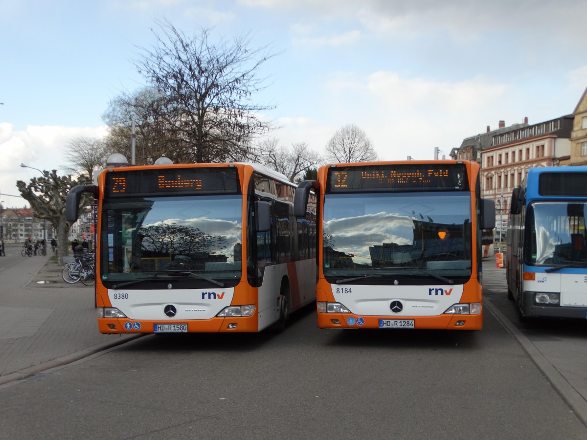 RNV Mercedes Benz Citaro 1 Facelift 8380 und Citaro Facelift G 8184 am 25.02.16 in Heidelberg 