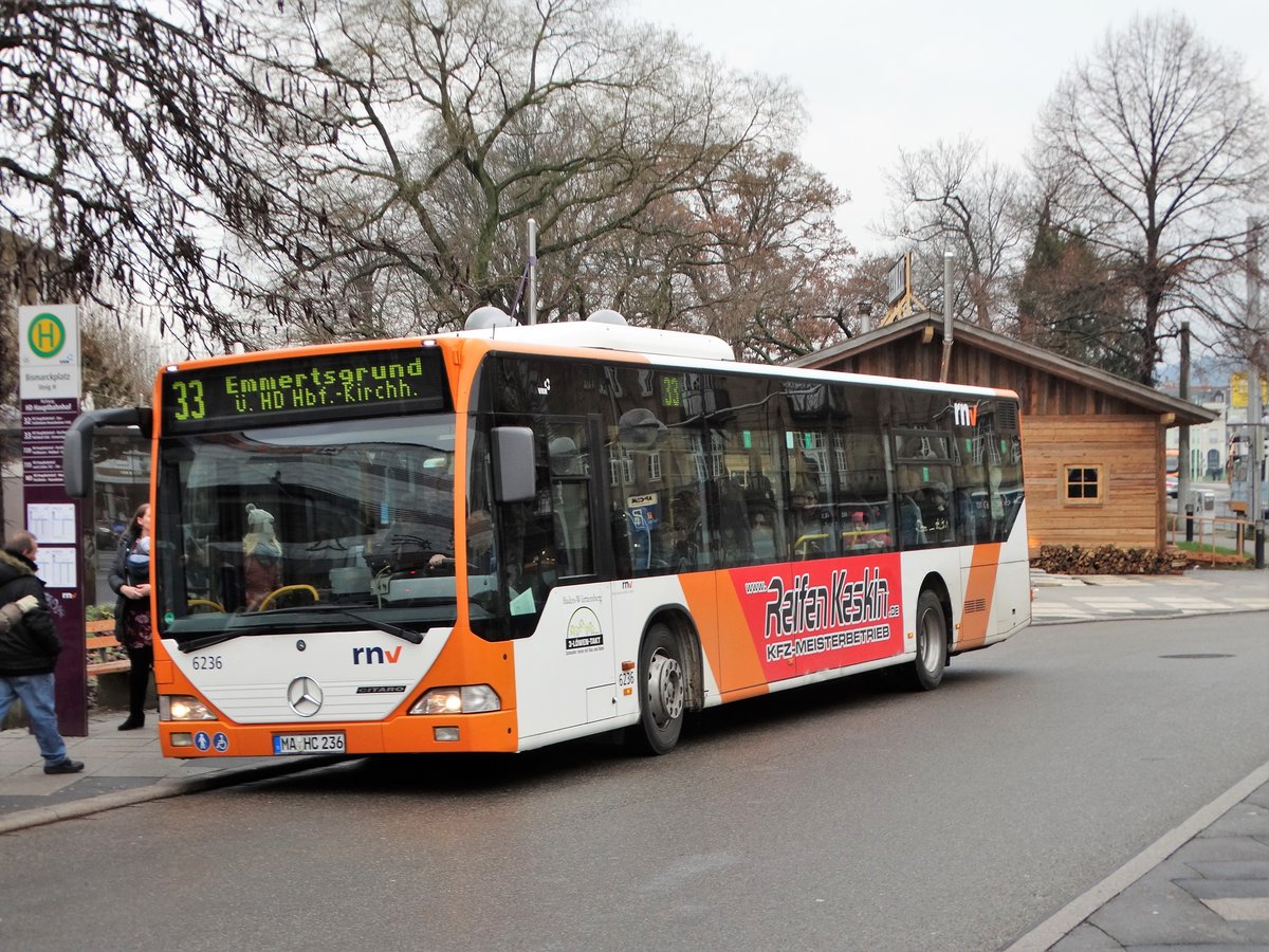RNV Mercedes Benz Citaro 1 Wagen 6236 am 16.12.17 in Heidelberg Bismarckplatz