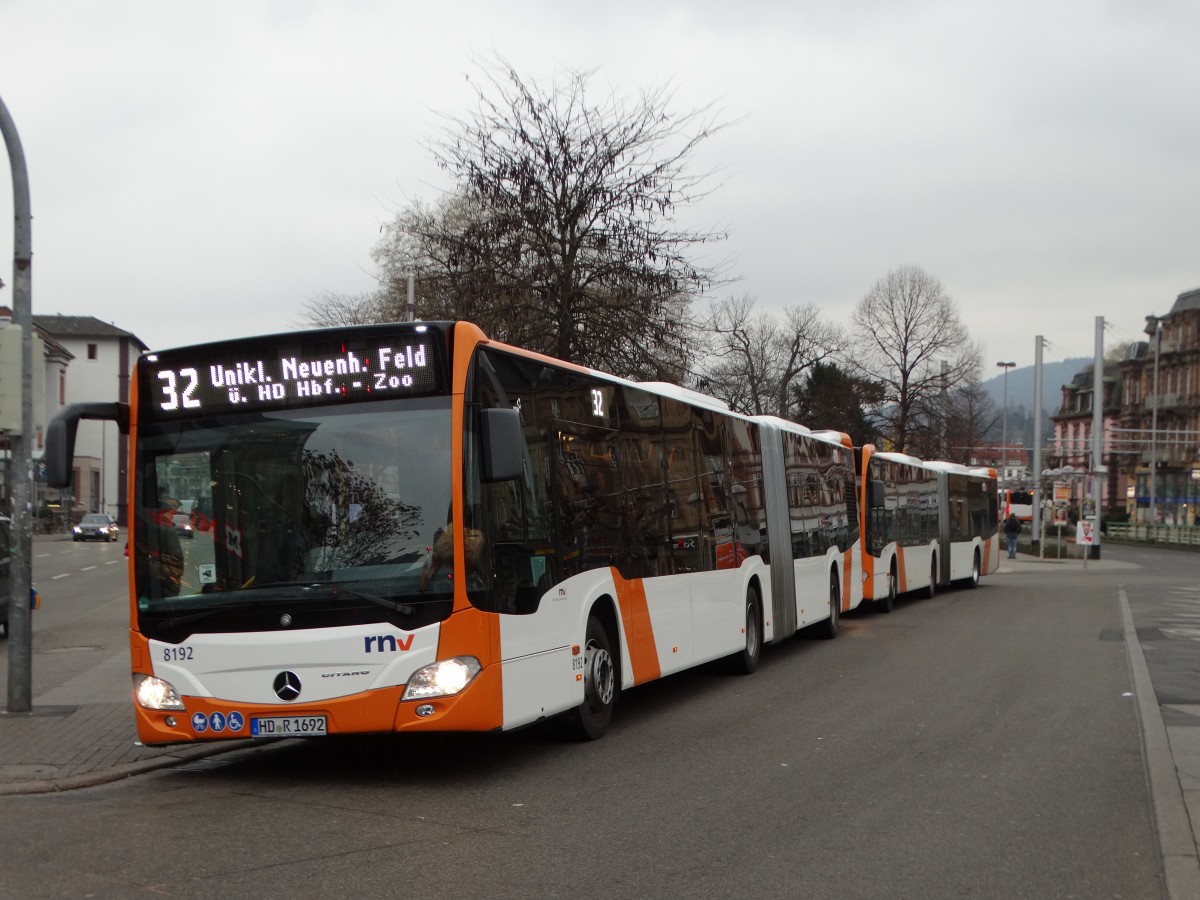 RNV Mercedes Benz Citaro 2 G 8192 und 8189 dahinten bilden einen C2er Doppelpack am 19.02.16 in Heidelberg 