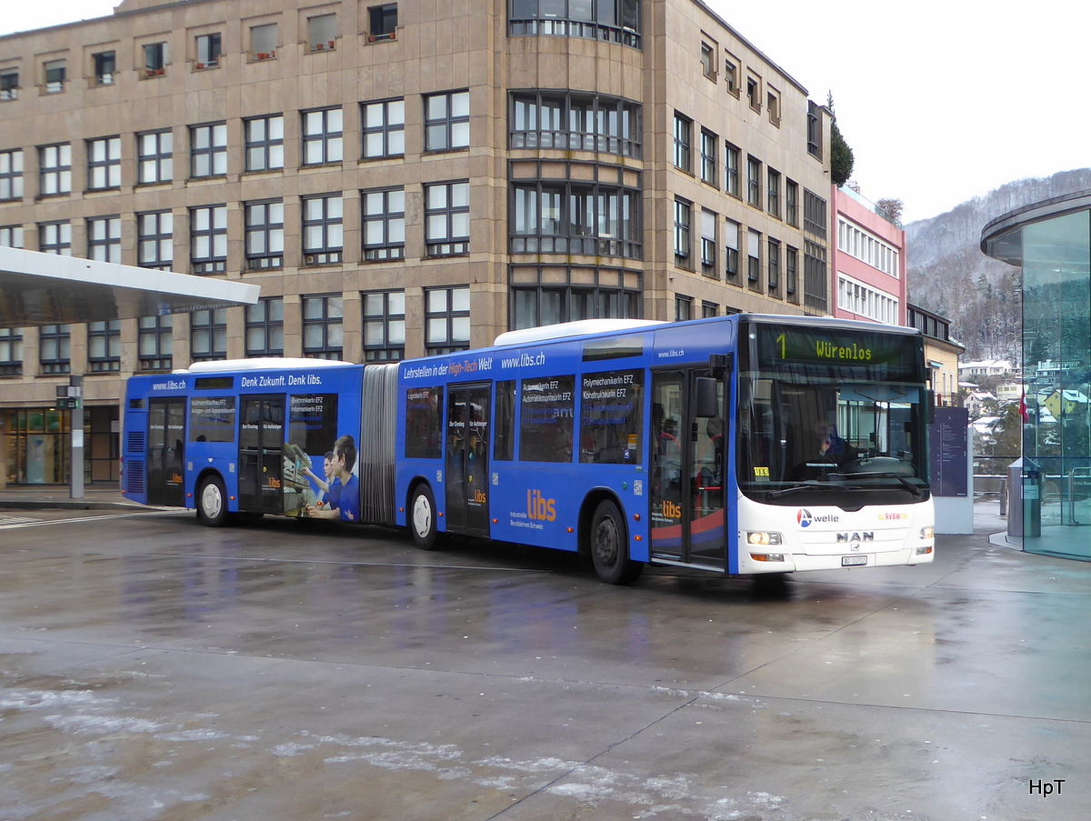 RVBW - MAN Lion`s City  Nr.171  AG  14912 unterwegs auf der Linie 1 beim verlassen der Bushaltestellen vor dem Bahnhofsgebäude in Baden am 16.01.2016