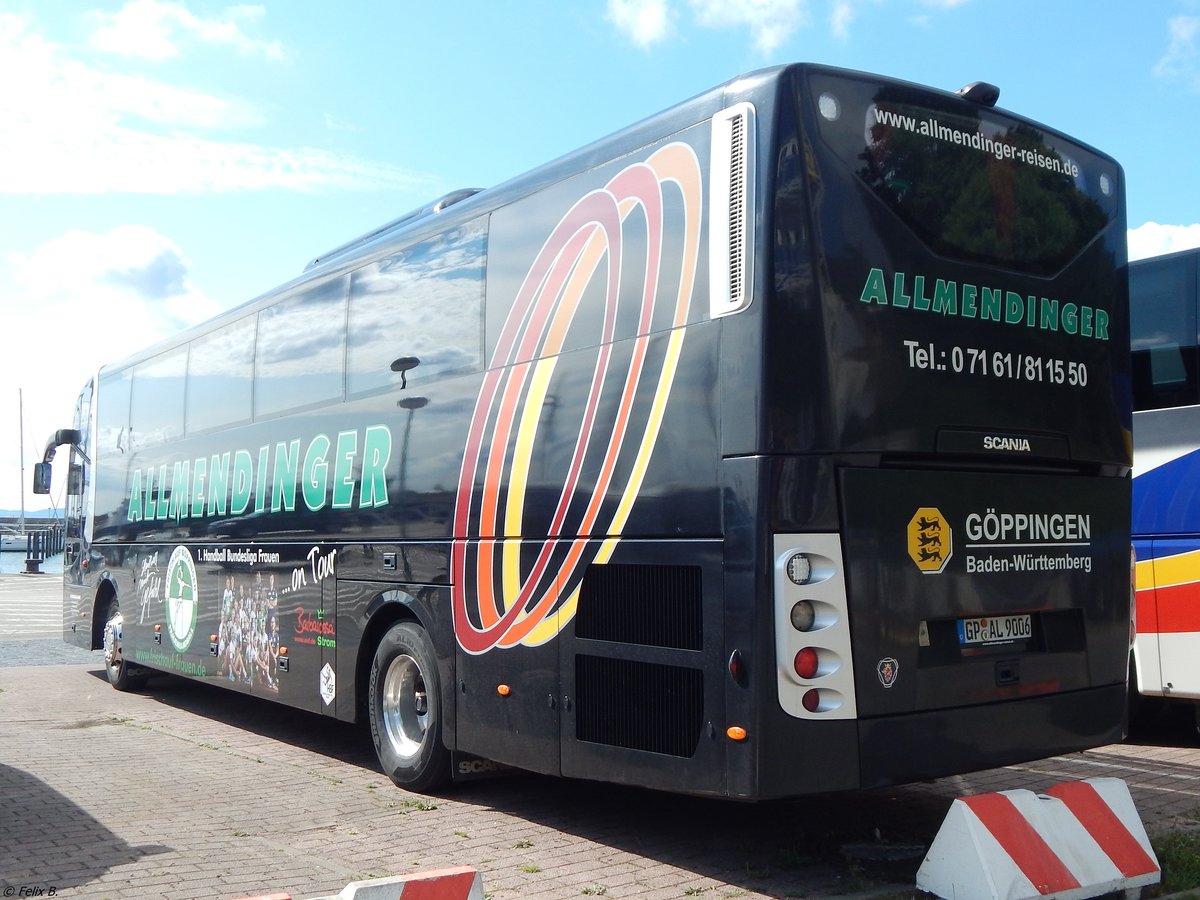 Scania OmniExpress von Allmendinger aus Deutschland im Stadthafen Sassnitz am 15.08.2018