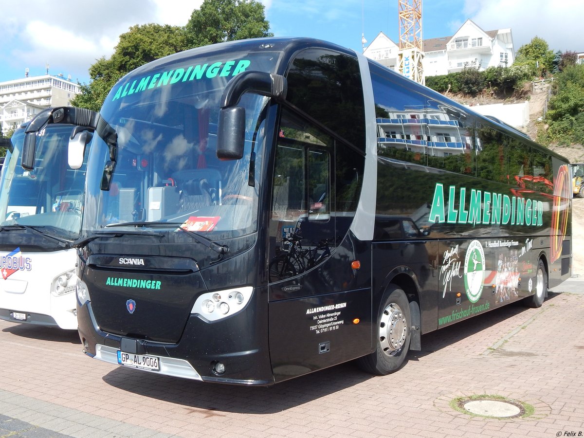 Scania OmniExpress von Allmendinger aus Deutschland im Stadthafen Sassnitz am 15.08.2018