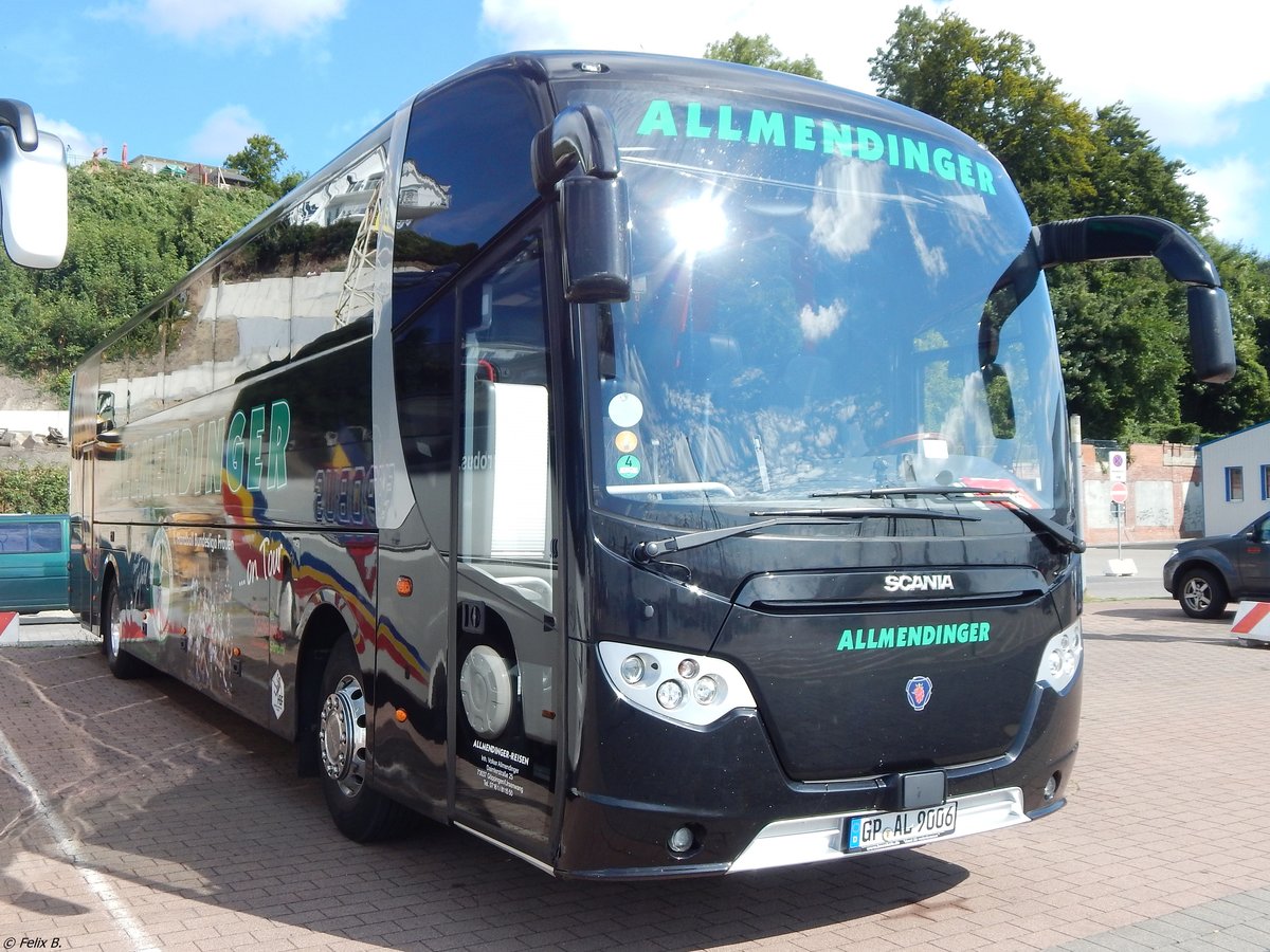 Scania OmniExpress von Allmendinger aus Deutschland im Stadthafen Sassnitz am 15.08.2018