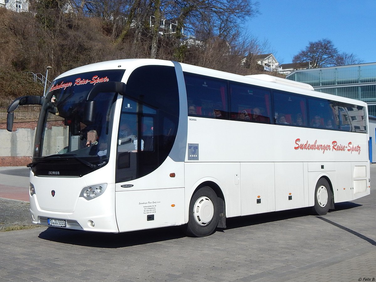 Scania OmniExpress von Sudenburger Reise-Spatz aus Deutschland im Stadthafen Sassnitz am 26.03.2016