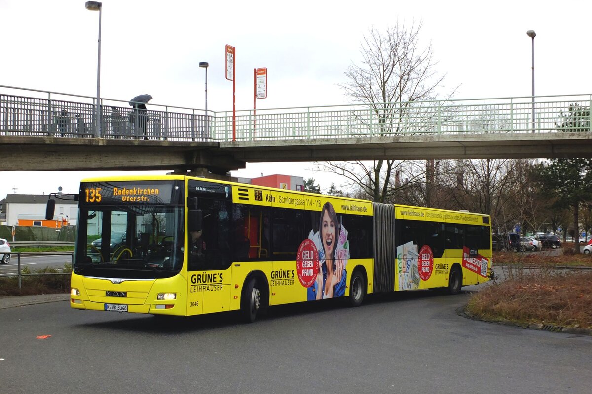 Schilling Omnibusverkehr
K-VK 3046
Linie 135, Rodenkirchen Uferstraße
Vollwerbung  Grüne's Leihhäuser 
Köln, Godorf Bf
10.03.2023