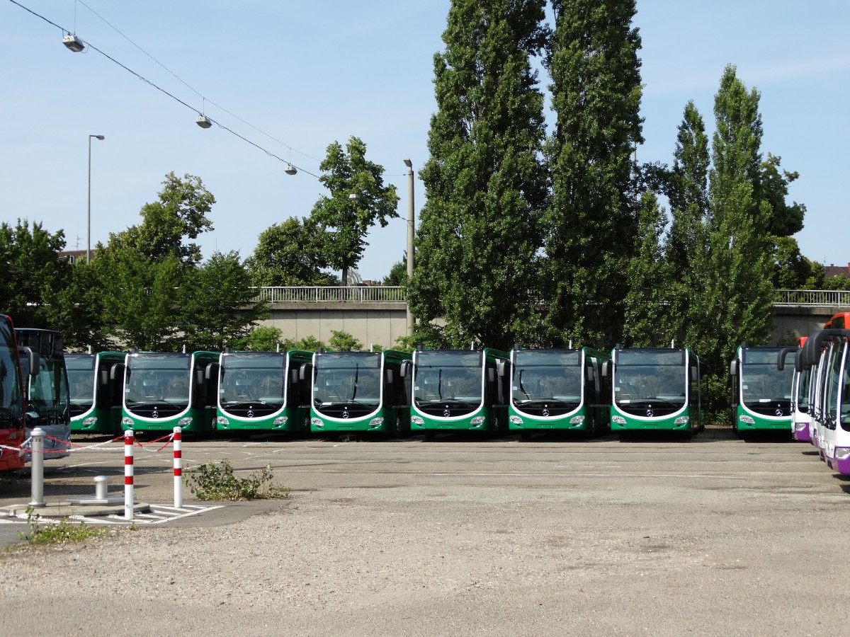 Seche neue Mercedes Benz Citaro C2 G für Basel am 10.07.15 bei Evo Bus Mannheim durch den Zaun fotografiert