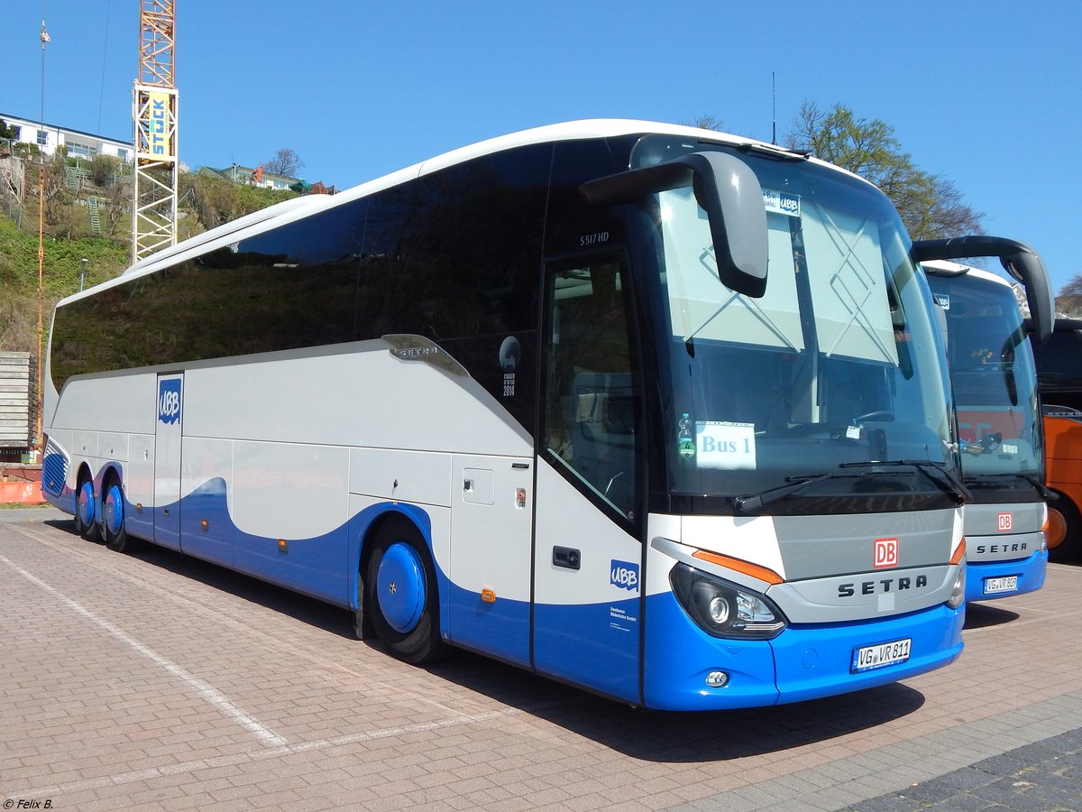 Setra 517 HD von der Usedomer Bäderbahn im Stadthafen Sassnitz am 28.04.2018