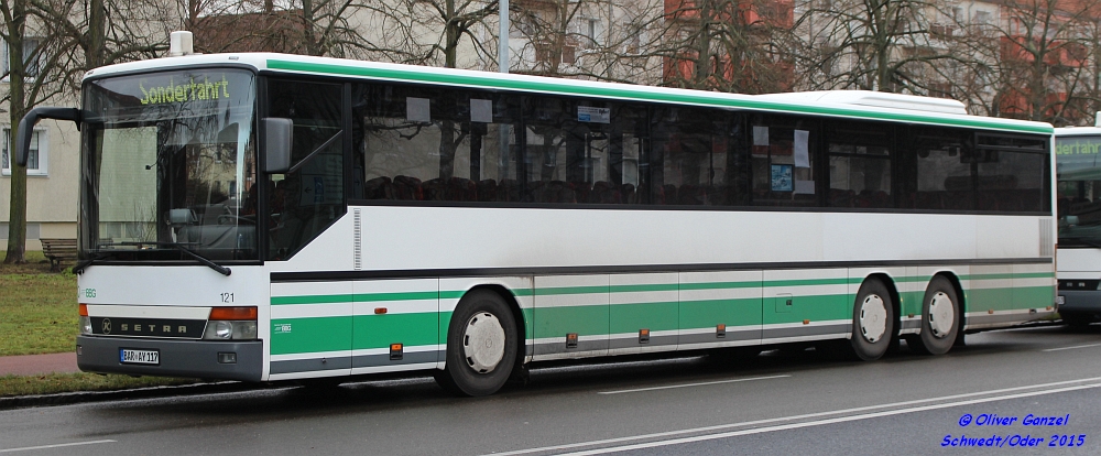 Setra S 319 UL, Wagennummer 121, der Barnimer Busgesellschaft mbH, 2015 in Schwedt/Oder.