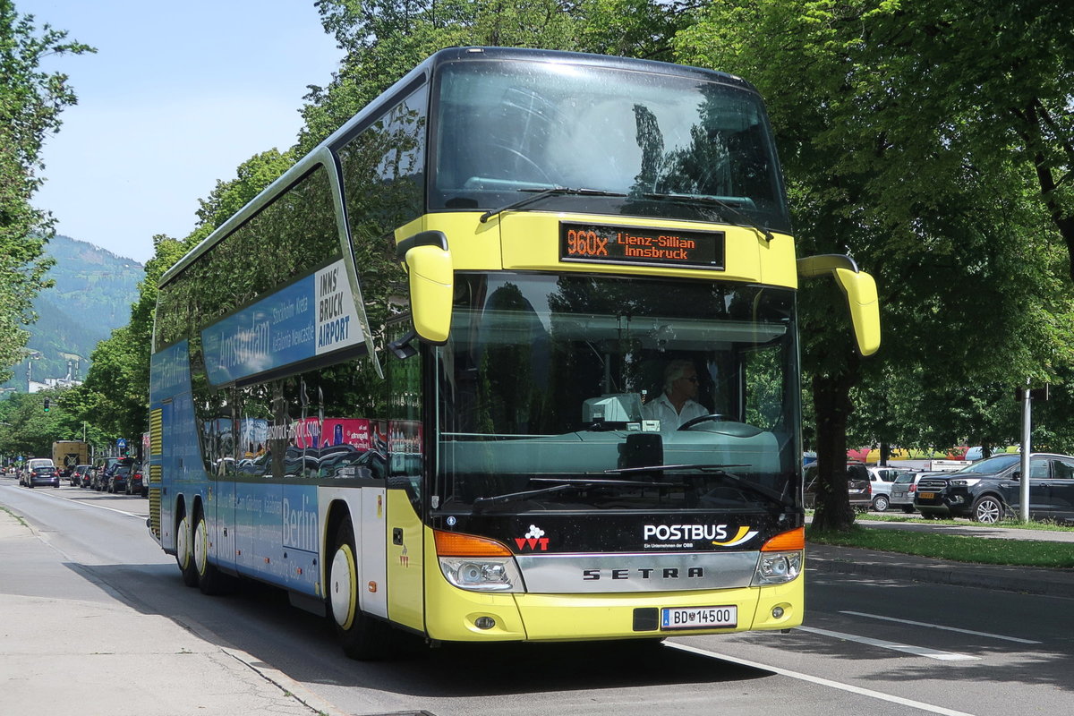 Setra S 431 DT von Postbus (BD-14500) als Linie 960X in Lienz, Tiroler Straße. Aufgenommen 10.6.2019.