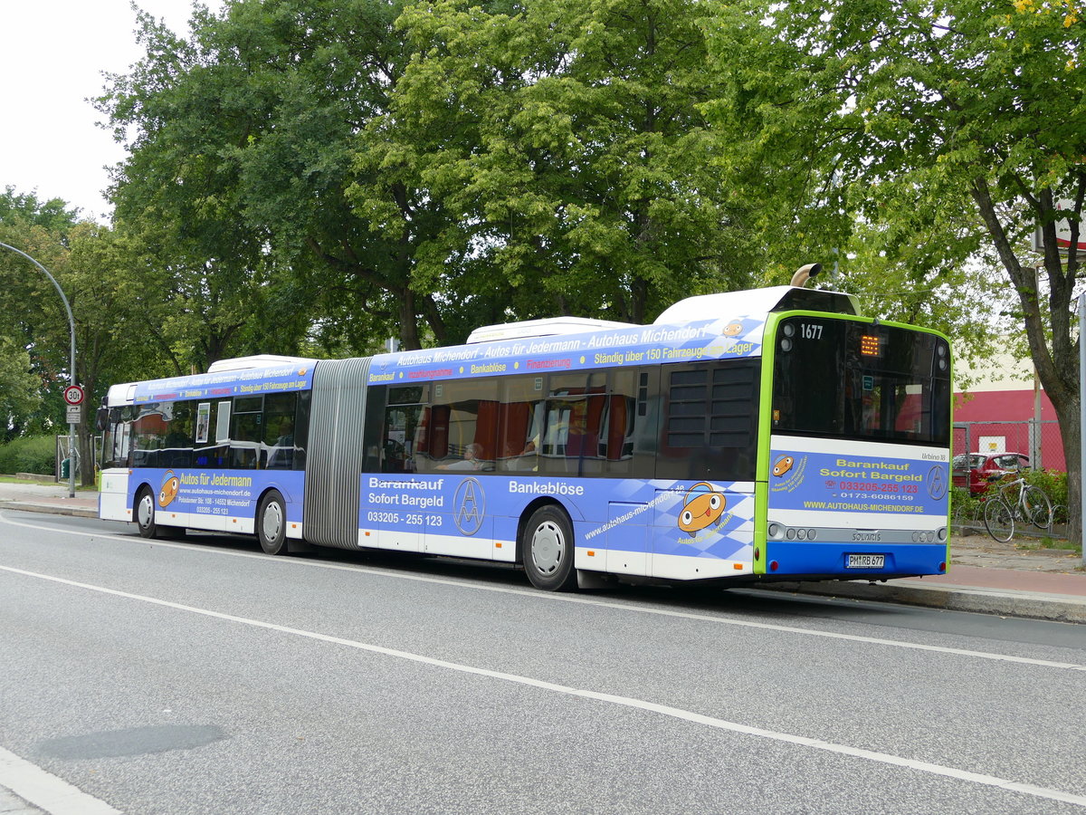 Solaris Urbino 18, Regiobus Potsdam-Mittelmark, Wagen '1677' auf der Linie 601 in Teltow -Stadt im Aug. 2017