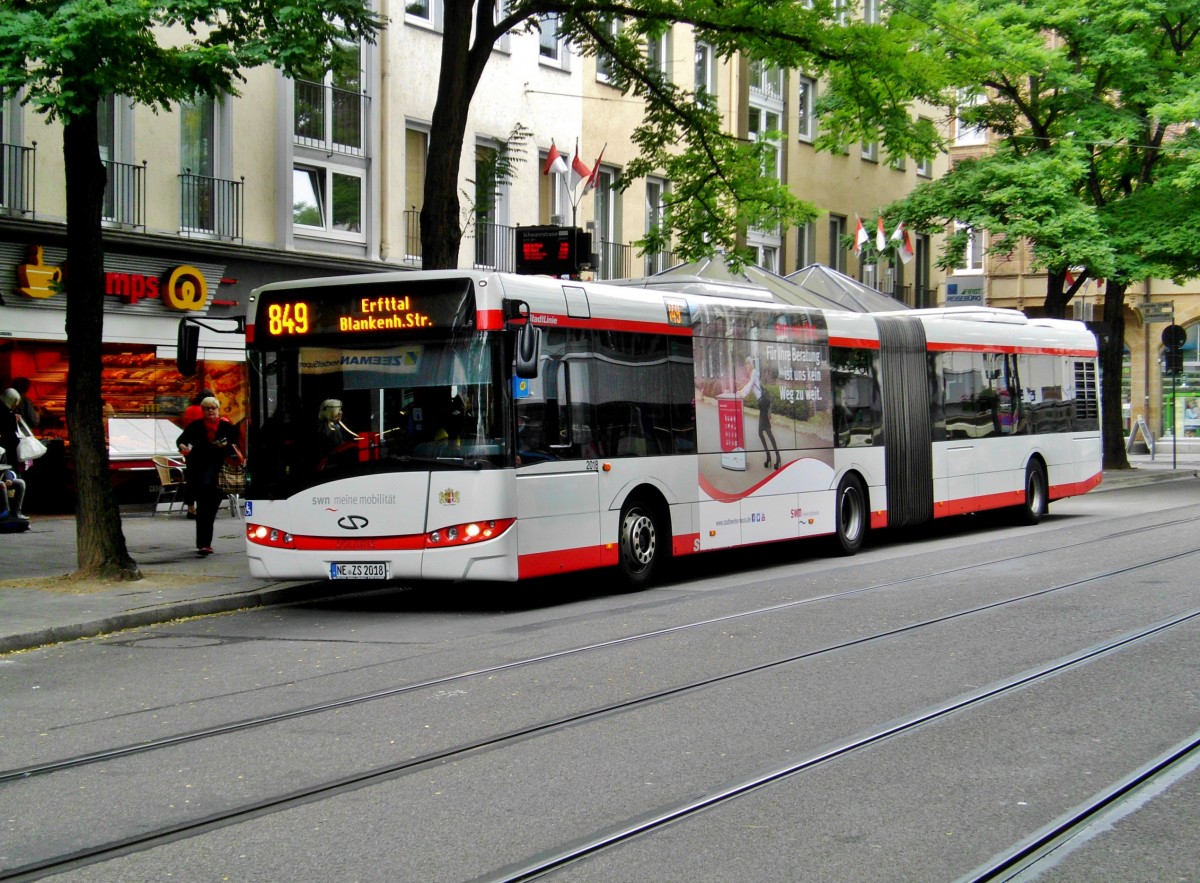 Solaris Urbino auf der Linie 849 nach Neuss-Erfttal Blankenhainer Straße an der Haltestelle Neuss Schwannstraße.(10.9.2014)

