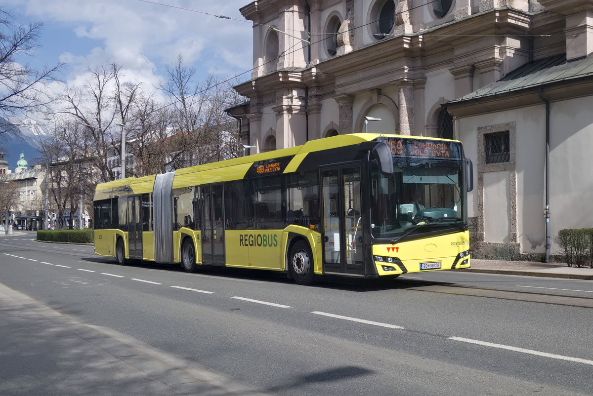 Solaris Urbino von Postbus (BD-16029) als Linie 4169 in Innsbruck, Innrain. Aufgenommen 2.4.2021.