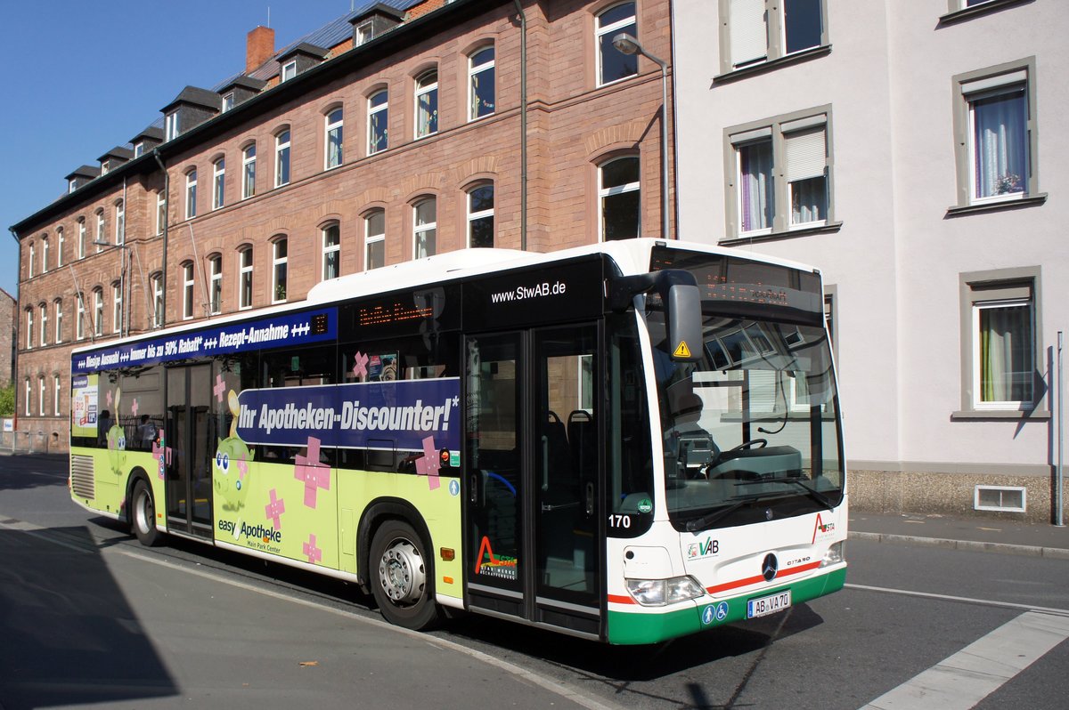 Stadtbus Aschaffenburg / Verkehrsgemeinschaft am Bayerischen Untermain (VAB): Mercedes-Benz Citaro Facelift der Stadtwerke Aschaffenburg Verkehrs-GmbH (STWAB), aufgenommen im September 2016 in der Nähe vom Hauptbahnhof in Aschaffenburg.