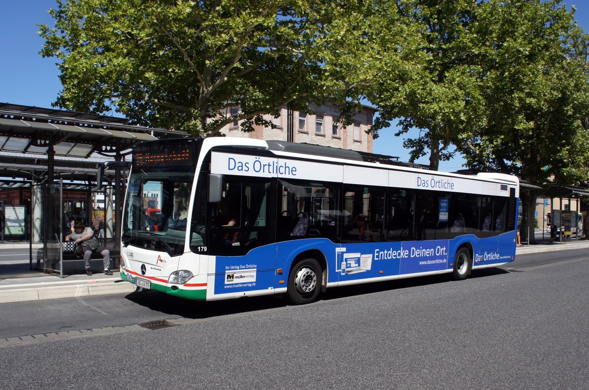 Stadtbus Aschaffenburg / Verkehrsgemeinschaft am Bayerischen Untermain (VAB): Mercedes-Benz Citaro C2 der Stadtwerke Aschaffenburg Verkehrs-GmbH (STWAB), aufgenommen Anfang Juli 2018 am Hauptbahnhof in Aschaffenburg.