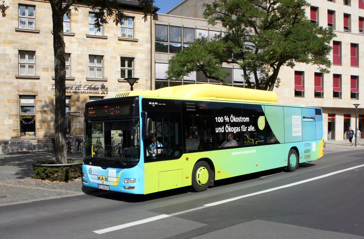 Stadtbus Bayreuth / Bus Bayreuth / Verkehrsverbund Großraum Nürnberg (VGN): MAN Lion's City CNG der Stadtwerke Bayreuth Holding GmbH, aufgenommen im Juli 2018 im Stadtgebiet von Bayreuth.