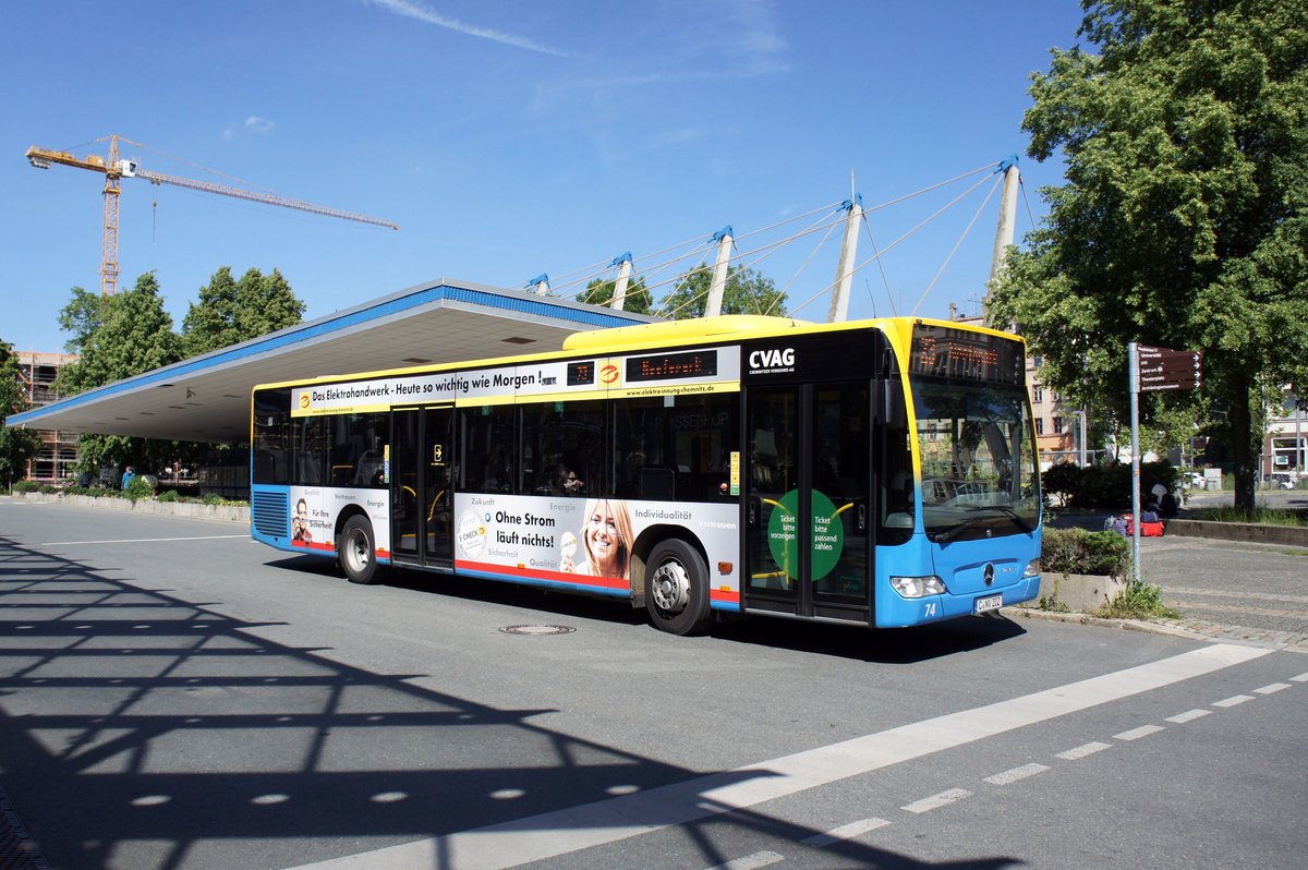 Stadtbus Chemnitz / CVAG Chemnitz: Mercedes-Benz Citaro Facelift der Chemnitzer Verkehrs-AG (CVAG) - Wagen 74, aufgenommen im Juni 2016 am Omnibusbahnhof in Chemnitz.