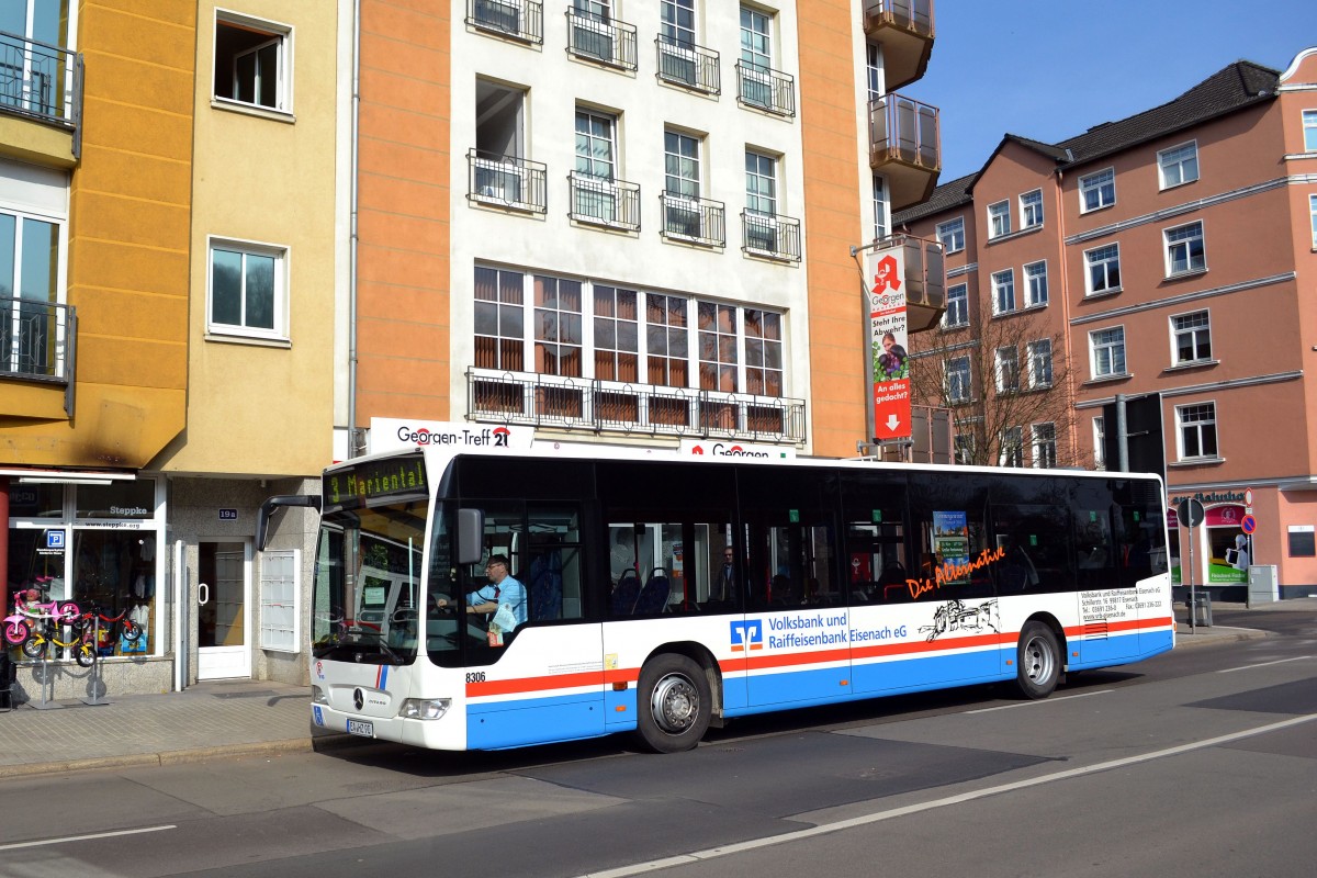 Stadtbus Eisenach: Mercedes-Benz Citaro Facelift der KVG Eisenach, eingesetzt im Stadtverkehr. Aufgenommen in der Bahnhofstraße von Eisenach im März 2014.