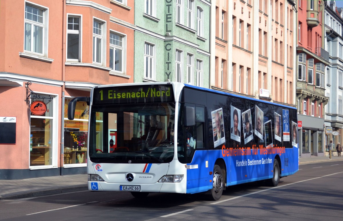 Stadtbus Eisenach: Mercedes-Benz Citaro Facelift der KVG Eisenach, eingesetzt im Stadtverkehr. Aufgenommen in der Bahnhofstraße von Eisenach im März 2014.