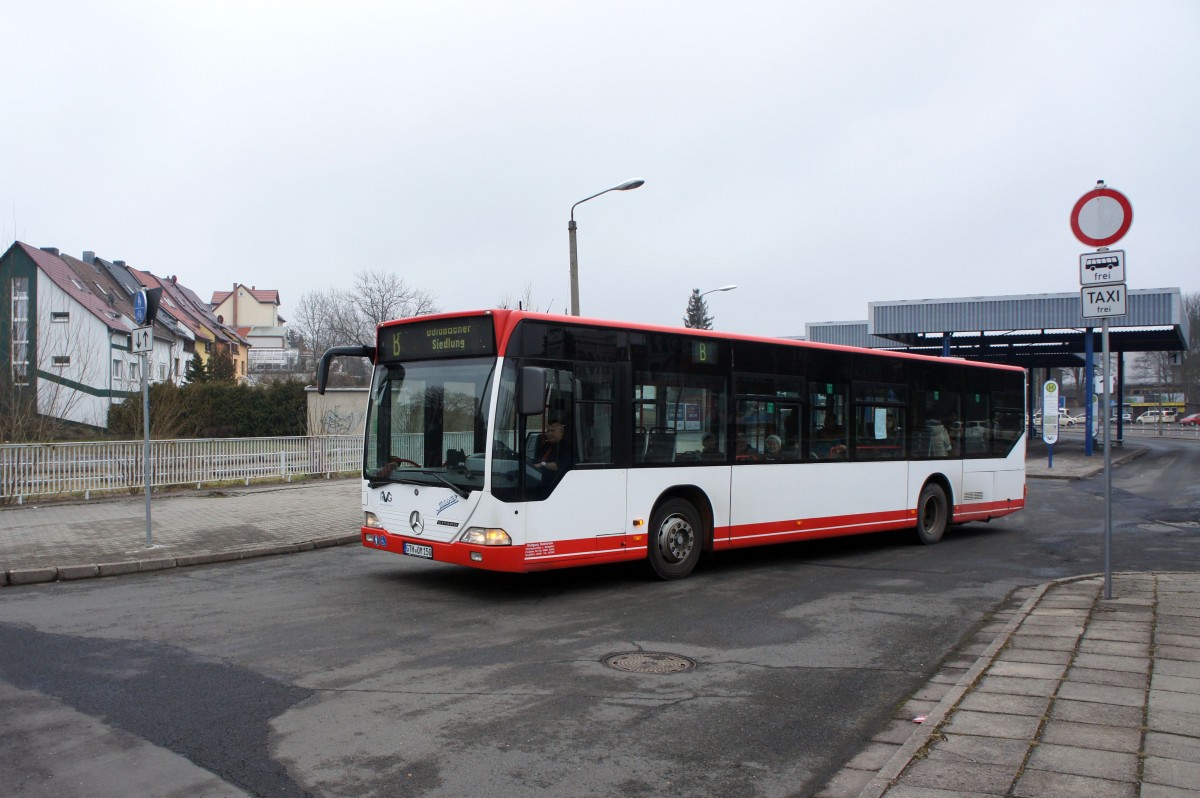 Stadtbus Gotha: Mercedes-Benz Citaro (Wagennummer 150) des Omnibusbetriebes Wolfgang Steinbrück (Lackierung: Krefeld), aufgenommen im März 2016 am Zentralen Omnibusbahnhof in Gotha.
