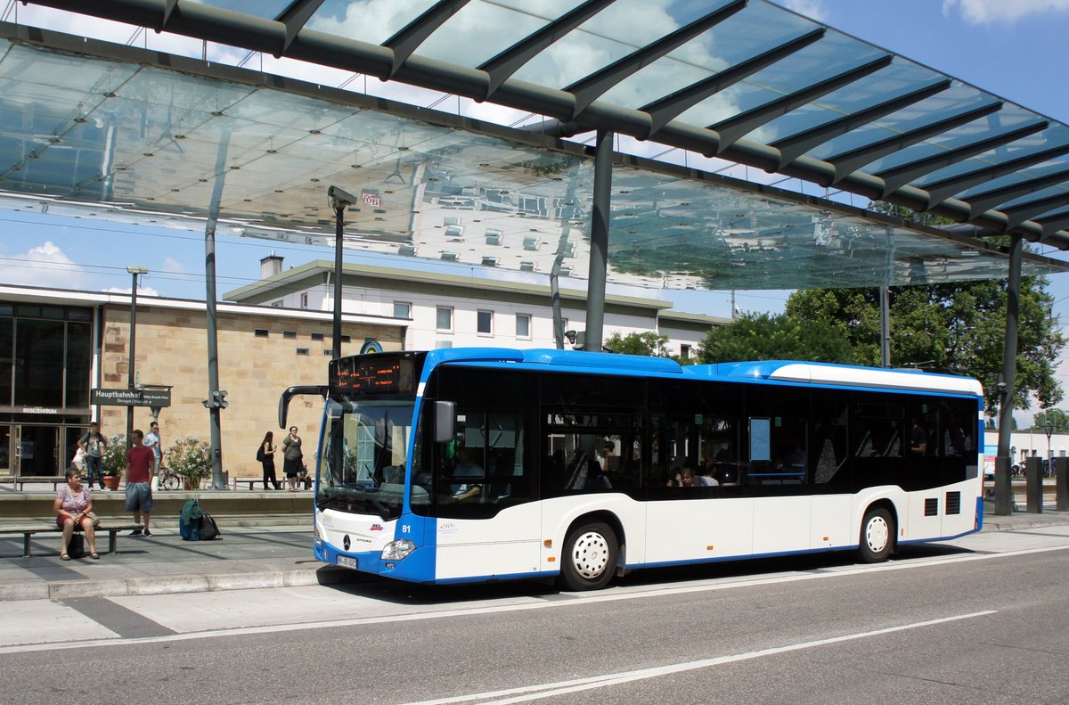 Stadtbus Heilbronn / Heilbronner Hohenloher Haller Nahverkehr GmbH (HNV): Mercedes-Benz Citaro C2 LE der SWH (Stadtwerke Heilbronn GmbH) - Wagen 81, aufgenommen im Juli 2016 am Hauptbahnhof in Heilbronn.