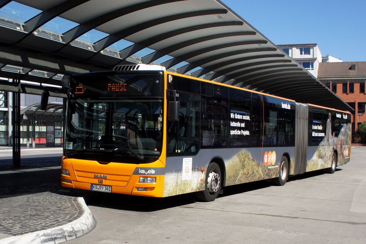 Stadtbus Koblenz: MAN Lion's City G der Koblenzer Verkehrsbetriebe GmbH (koveb), aufgenommen im Juli 2020 am Hauptbahnhof in Koblenz.