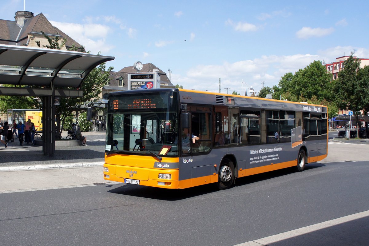 Stadtbus Koblenz: MAN NL der Koblenzer Verkehrsbetriebe GmbH (koveb), aufgenommen im Juli 2020 am Hauptbahnhof in Koblenz.