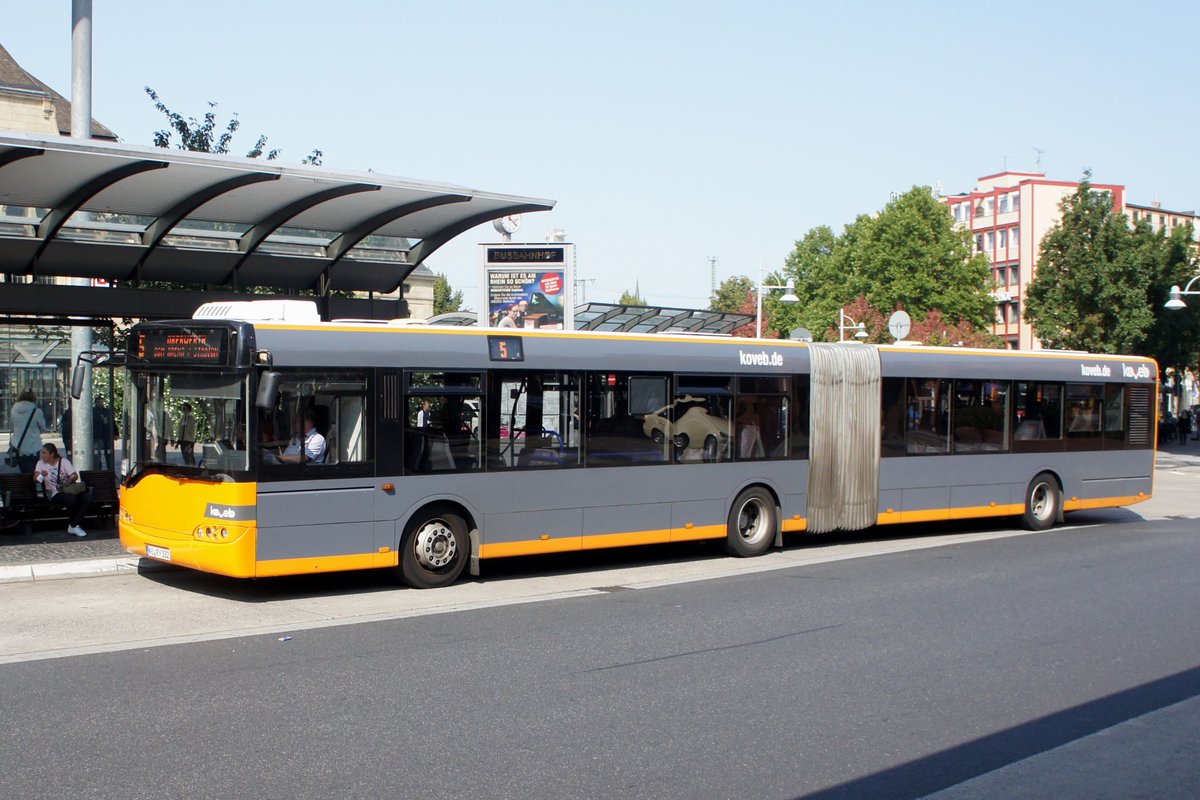 Stadtbus Koblenz: Solaris Urbino 18 (KO-RY 332) der Koblenzer Verkehrsbetriebe GmbH (koveb), aufgenommen im September 2020 am Hauptbahnhof in Koblenz.
